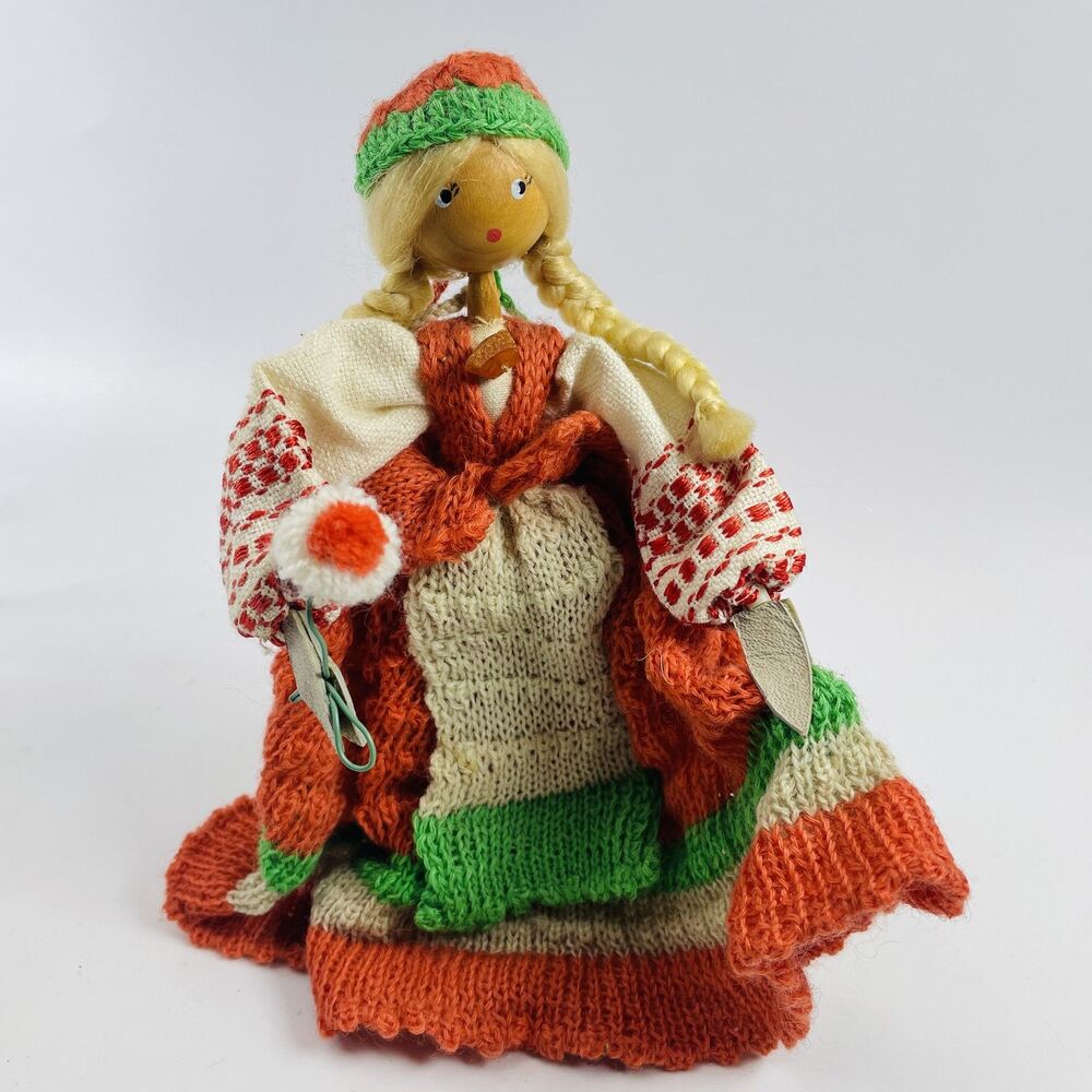 Vintage Handmade Latvian Folk Art Wooden Doll 7in Knitted Dress Lithuania USSR